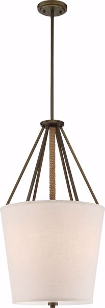 Picture of NUVO Lighting 60/5899 3 Light - Seneca 17" Pendant - Mahogany Bronze Finish with Wrapped Rope - Beige Linen Fabric Shade - Etched Glass Diffuser